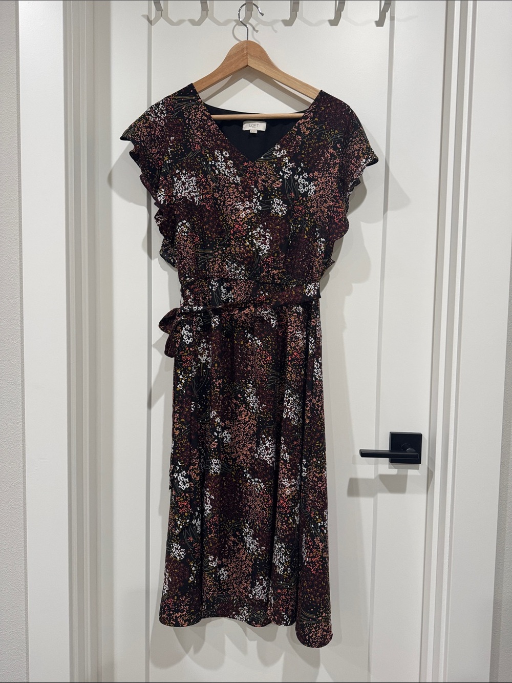 LOFT Black Floral V-Neck Ruffle Sleeve Midi Dress